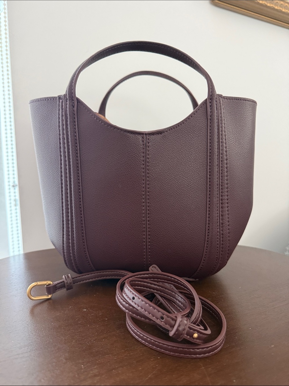 Zara mini City Bag Plum Top Stitching top Handle w/crossbody strap Burgundy